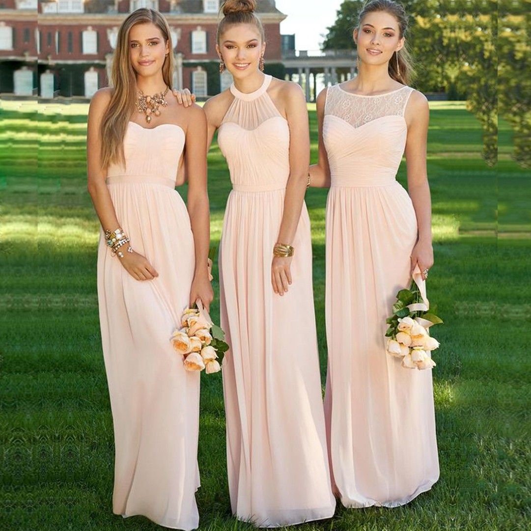 Elegant Long Navy Light Pink Bridesmaid Dresses 2017 Halter Pleat Lace