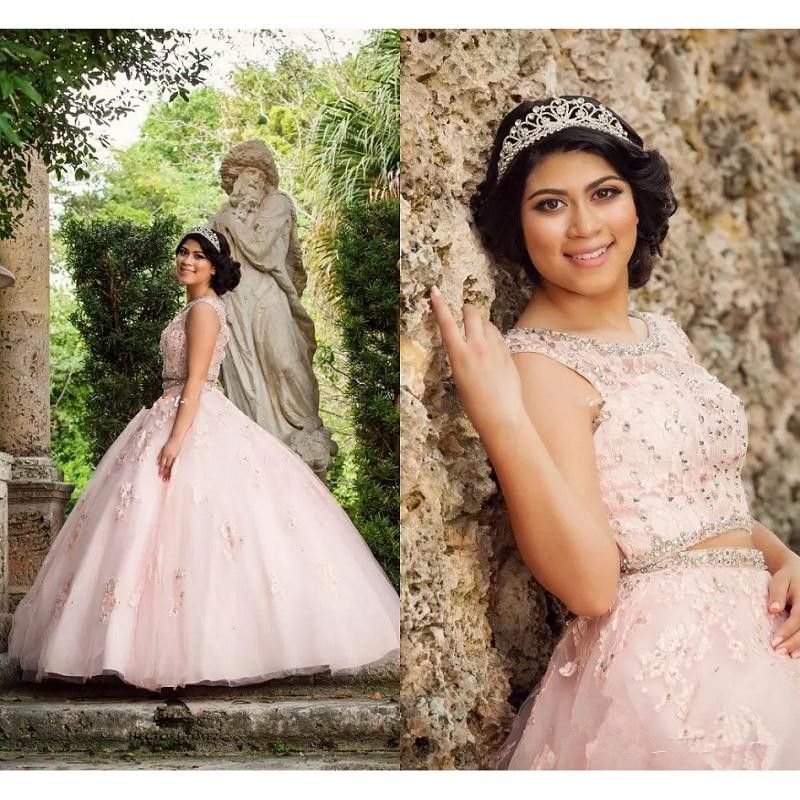 2017 Pink Lace Two Pieces Quinceanera Dresses with 3D Appliques Beads