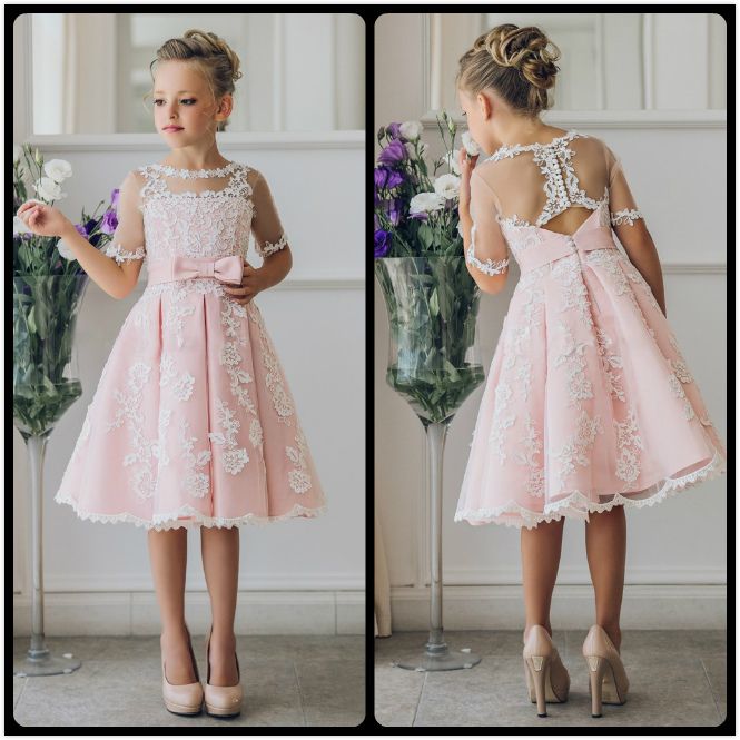 fancy pink flower girl dress with appliques half sleeves christmas bows wholesale