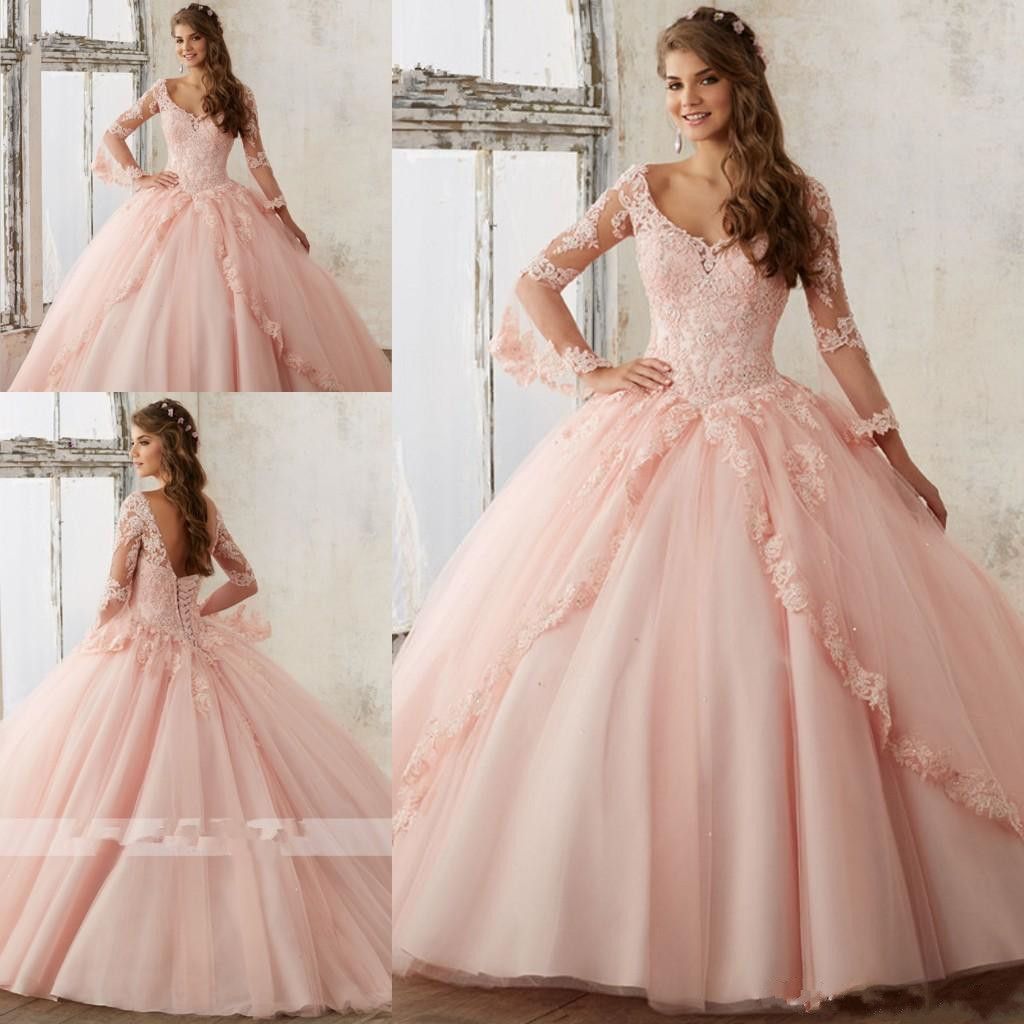 Pink Sheer Long Sleeve Ball Gown Quinceanera Dresses V Neck Lace ...