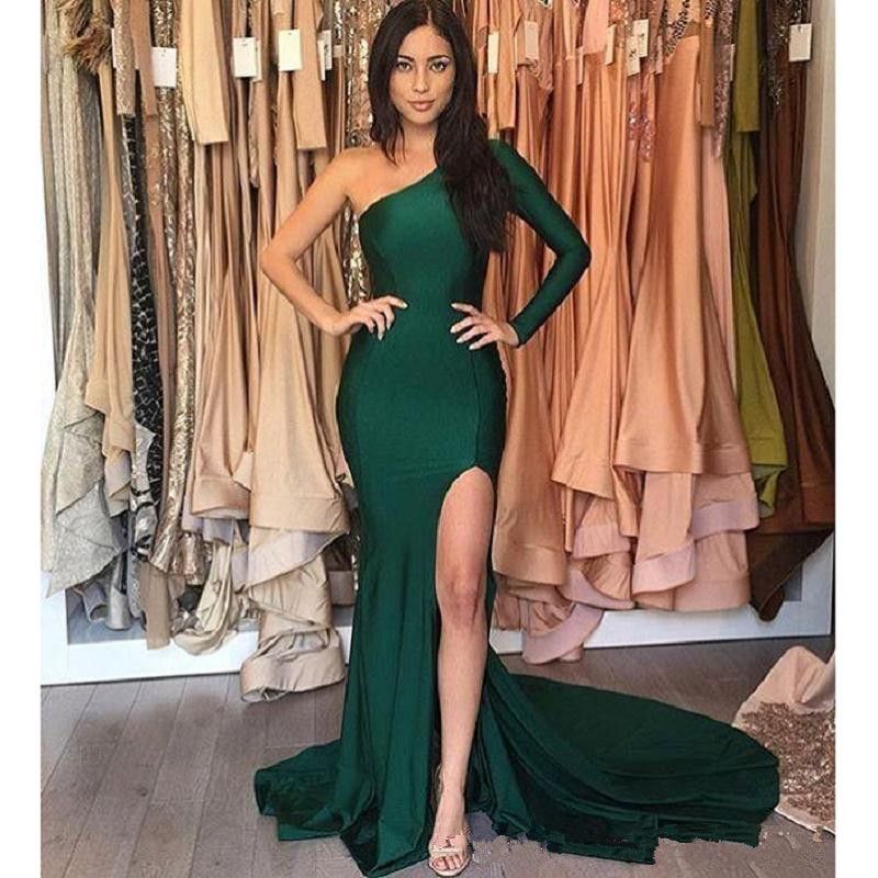 2017 Cheap Dark Green Prom Dresses One Shoulder Stain Mermaid Evening Party Gowns Side Split