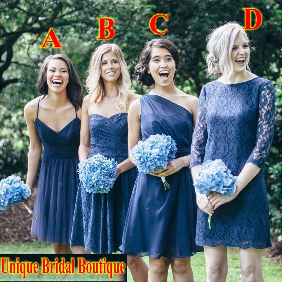 Navy Blue Bridesmaid Dresses 2017 Hot Sale Tulle Chiffon Lace Short