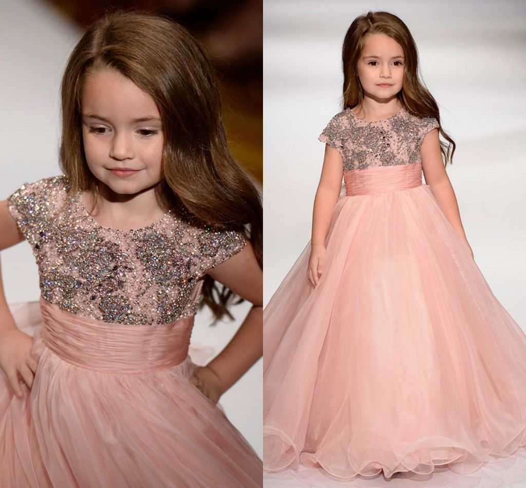 Cute 2017 Toddler Blush Pink Flower Girl Dresses Cap Sleeve Crystals