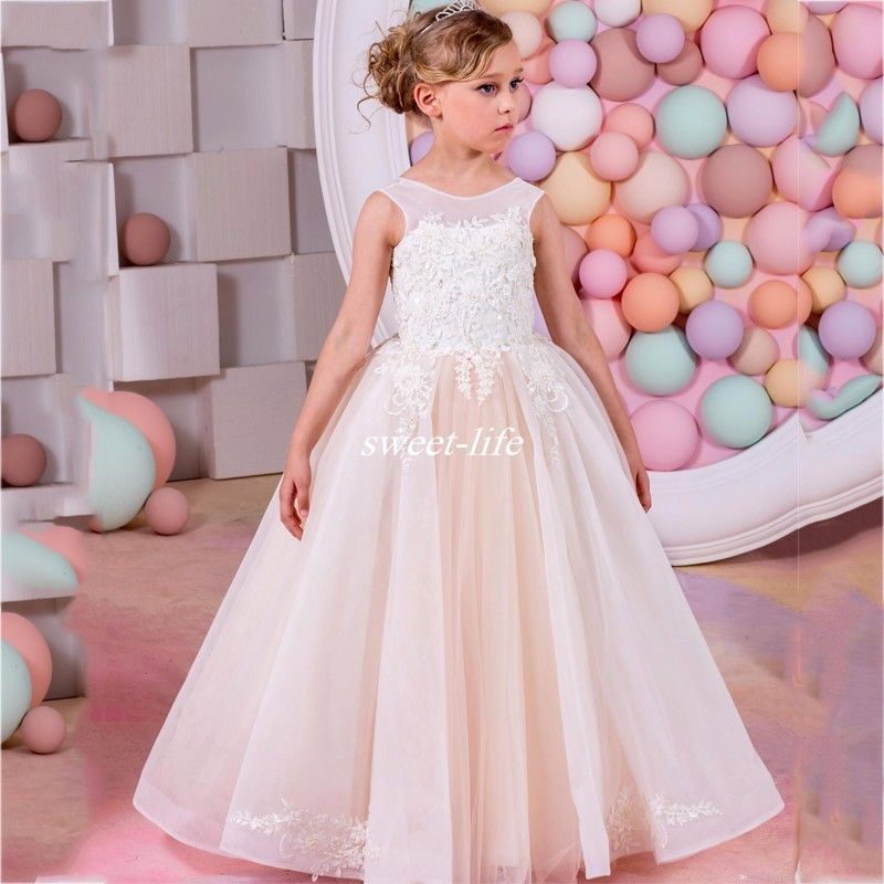 Elegant Lace Appliques Organza Flower Girl Dresses Illusion Jewel Neck