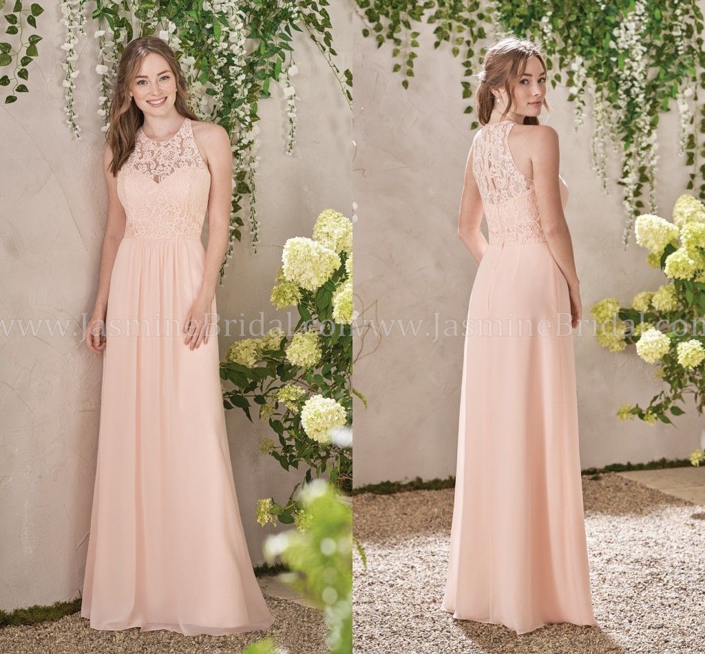 2017 Newest Pink Halter Neck Bridesmaid Dresses Lace Bodice Chiffon A