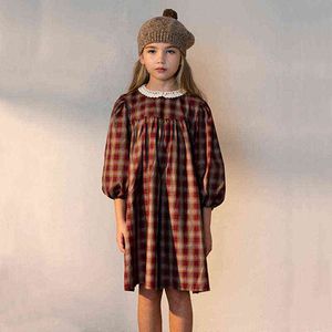 1-11Y BeBe Brown Plaid Dress Enfants robes de fille en bas âge Peter Pan Collar Vintage Robes à manches longues pour enfants pour 5 ans R231213