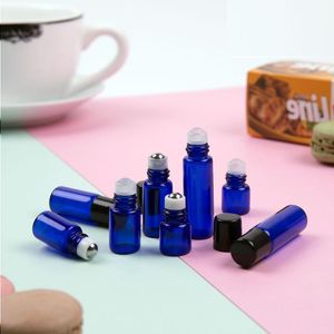 1 2 3ML Micro Mini Cobalto Azul Vidrio Roll-on Botellas de vidrio con bolas de rodillo de metal Recargable Muestra delgada Vial Rollo de aceite esencial (B Xtqb