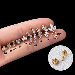 Boucles d'oreilles à tige en titane incrusté de zircon cubique, couronne de lune, cartilage incurvé, bijoux de piercing en or véritable 14 carats, 1,2 x 8 mm