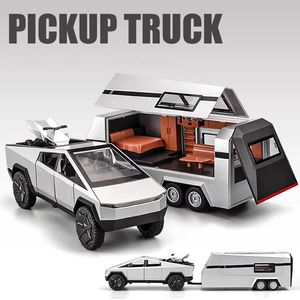 1 32 Tesla Cybertruck Model Y Trailer Car Alloy Diecasts Toy Vehicles Metal Toy Car Model Sound and light Collection Kids Toy 240124