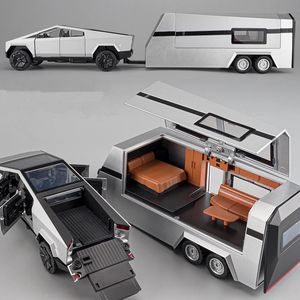 1/32 Tesla Cybertruck Pickup Trailer coche en miniatura de aleación fundido a presión juguete de Metal vehículos todoterreno modelo de camión sonido y luz regalos para niños 240124