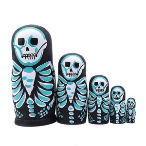 1 5 PcsSet Skull Russian Dolls Pintado a mano Decoración para el hogar Regalos de cumpleaños Baby Toy Nesting Dolls Wooden Matryoshka Toys 220707