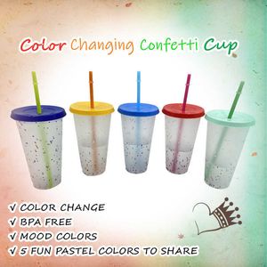 1/5pcs 700/473ml Confettis à couleur changeante Gobelet en plastique réutilisable avec couvercle et paille Coupe froide Drinkware Gadget de cuisine 210608