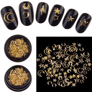 1 caja mixta 3D Star Moon Metal Stud en tarro negro Nail Art Decoraciones Venta al por mayor Moda Japón Estilo Joyería Accesorio Y220408