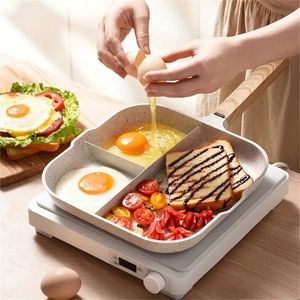 Poêle à frire 1 pc pour œuf, crêpière au jambon antiadhésive, poêle à hamburger avec manche en bois, 3 trous, pour cuisinière à gaz à induction