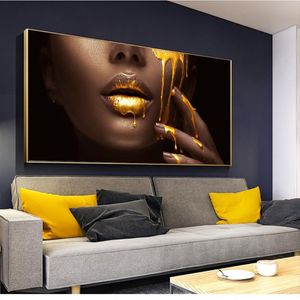 Imágenes artísticas de pared grandes para sala de estar, cara de mujer con líquido dorado, carteles de decoración del hogar, pinturas en lienzo HD 2885, 1 pieza