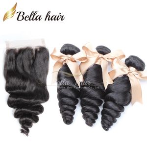 Bella Hair 8A Haarbündel mit Verschluss, brasilianische Extensions, Schuss, Spitze, Schwarz, lockere Welle, voller Kopf