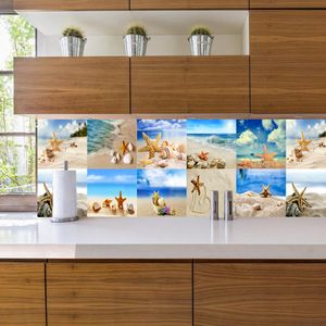 10/15cm playa paisaje Shell estrella de mar azulejos pegatina cocina Backsplash armario decoración del hogar autoadhesivo impermeable calcomanías de pared