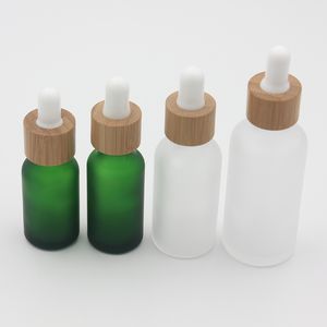 Flacon compte-gouttes en verre transparent givré 15 ml 20 30 ml avec couvercle en bambou bouteilles d'huile essentielle vert givré