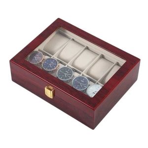 10 grilles rétro rouge en bois montre vitrine durable emballage titulaire bijoux collection stockage montre organisateur boîte cercueil T20052216m