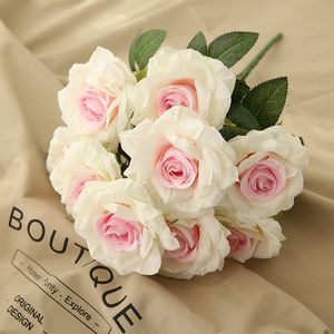 10 têtes bouclées Roses haut de gamme Bouquet fleurs artificielles mariage décoratif Flores décor à la maison Simulation soie fausse fleur