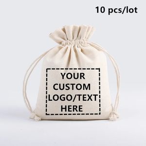 10 PcsLot impression sacs à cordon en lin pour la fête de Noël mariage pochettes en coton personnalisées de haute qualité personnaliser les sacs 240227