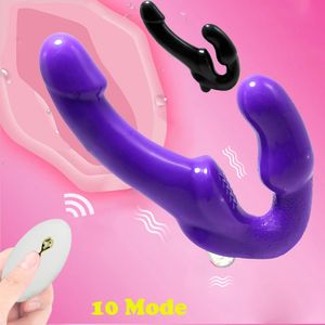 10 velocidades Strapon Dildo Vibrator Wireless Remote Women Double Vibrating Lesbian G Spot para adultos Sexy Toys para pareja femenina