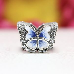 Perle scintillante papillon bleu en argent sterling 100% 925 convient aux bracelets à breloques bijoux Pandora européens
