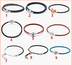 100% 925 Pulseras de malla de plata esterlina para mujer Joyería DIY Fit Pandora Charms princesa león oro rosa rojo negro azul cuerda de cuero doble regalo de dama con caja original