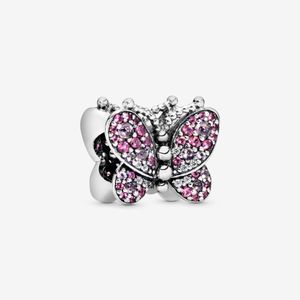 100% 925 Sterling Silver Pink Pave Butterfly Charms Fit Pandora Original European Charm Bracelet Moda Mujer Compromiso de boda Accesorios de joyería
