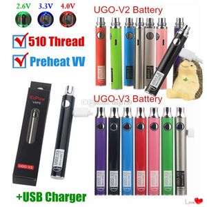 100% Authentieke EcPow UGO V2 V3 III Vaporizer Batterij Voorverwarmen Variabele Spanning Verstelbare 510 Draad Vape Pen EVOD EGO Micro Met USB Lader
