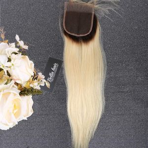 Bella Hair Soyeux Raides 1B/613 Racines Foncées Blonde Fermeture à Lacet Remy Vierge Cheveux Humains Fermeture Pièce Libre Partie Ombre Blonde Deux Tons Fermetures à Lacets avec Objectifs de Cheveux de Bébé