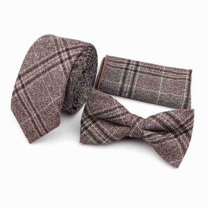 100 Coton Belle Cravate Ensemble Rayé Plaid Marron Gris Vert Hommes Cravate Papillon Mouchoir Mode Classique Accessoire Cadeau Vintage J220816