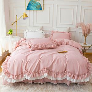 Juego de cama de algodón 100%, edredón de princesa de Color sólido con volantes de doble capa de estilo coreano/funda nórdica, falda de cama, fundas de almohada