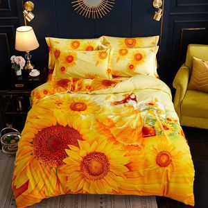 100 algodón egipcio 4 piezas hermoso juego de cama amarillo flor girasol reina funda nórdica de ganso sábana plana y fundas de almohada