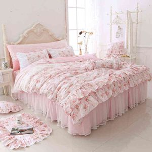 100% coton imprimé floral princesse literie ensemble double roi reine taille rose filles dentelle volants housse de couette couvre-lit jupe ensemble T22383