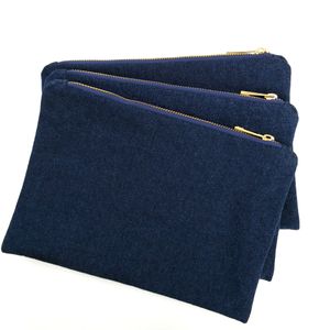 Trousse de maquillage en denim épais de 14 oz avec fermeture éclair en métal doré et doublure rouge véritable, sac à cosmétiques en denim vierge marine, livraison gratuite par DHL directement de l'usine