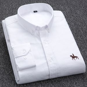 100% Cotton Oxford Shirt Men's Long Sleeve Embroidered Horse Casual Without Pocket Solid Yellow Dress Shirt Men Plus Size 5XL6XL 201120