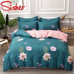 100% algodón Pastoral Flower Printed 4pcs Juegos de cama Plaid Stripe King Size Duvet Cover Set Single Double Queen Soft Bed Sheets 201120