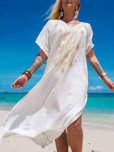 Vestido de playa de verano de material de traje de baño de 100 algodón para mujer Kafftan dividido blanco