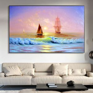 Peintures à l'huile de paysage marin peintes à la main, peintures de coucher de soleil, décor de salle en toile, mur artistique de vagues de bateau, image A 100%, 4811
