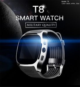 100% montres intelligentes Bluetooth T8 de haute qualité avec appareil photo téléphone compagnon carte SIM podomètre vie étanche pour Android iOS SmartWatch Pack dans la boîte de vente au détail