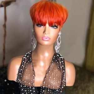 100% Cheveux Humains Pixie Coupe Courte Bob Perruque avec Frange Brésilienne Droite Full Lace Front Orange Perruque pour les Femmes Noires