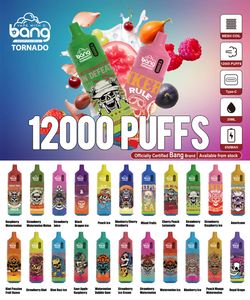 Bang d'origine Tornado 12000 Puffs E-cigarettes jetables 22 saveurs Type-C Batterie rechargeable 650mAh Préfilée 20ml 0% 2% 3% 5% POD POD POFS 12K VAPE VS FUMOT 9000