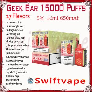 100% Original Geek Bar 15000 bouffées de cigarette électronique jetable 17 saveurs 16 ml Pod batterie rechargeable 650 mAh 15 K bouffées Vape Kit