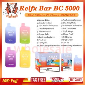 100% original Relfx Bar BC 5000 Puff Vape desechable Pluma 5k E Cigarrillo Malla Bobina 15 ml Pod precargado 0% 2% 3% 5% Dispositivo vaporizador de nivel 650 mAh Batería recargable 20 sabores