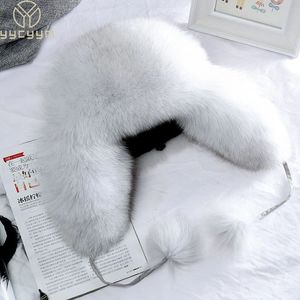 100% Real Fox Fur Hats Women's Russian Ushanka Trapper Snow Skiing Hat Caps Earflap Winter Raccoon Fur Bomber Hat 231225