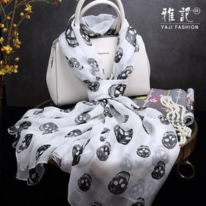 Bufanda de seda 100% chal Hangzhou seda suave y elegante bufanda blanca con calavera negra chal largo para mujer primavera otoño 1304F