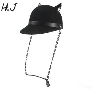 100% lana mujer sombrero Fedora negro con cadena señora diablo cuernos lindo gato oreja Animal Bowler encantadora gorra de béisbol