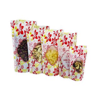 1000 Pcs/lot impression rouge sac de fleurs dorées avec fenêtre Snack bonbons fruits secs emballage sacs en gros