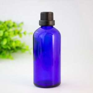 Botellas de gotero de vidrio azul de 100 ml al por mayor e líquido e jugo botellas de vidrio de aceite esencial con tapa de tornillo